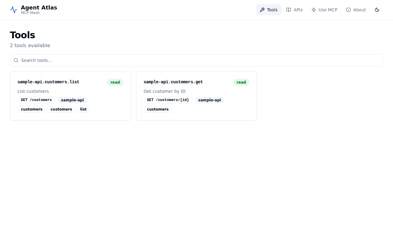 Agent Atlas — tools list (light mode)