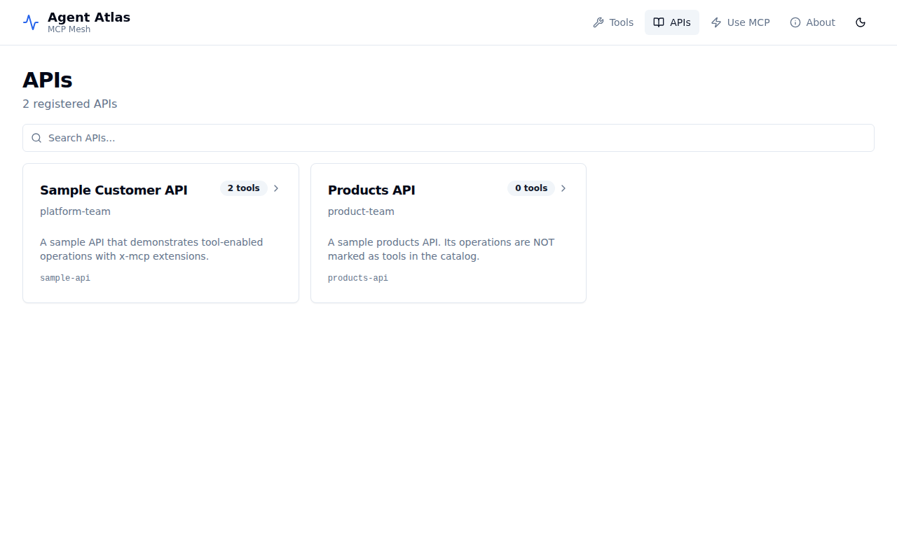 Agent Atlas — APIs list (light mode)