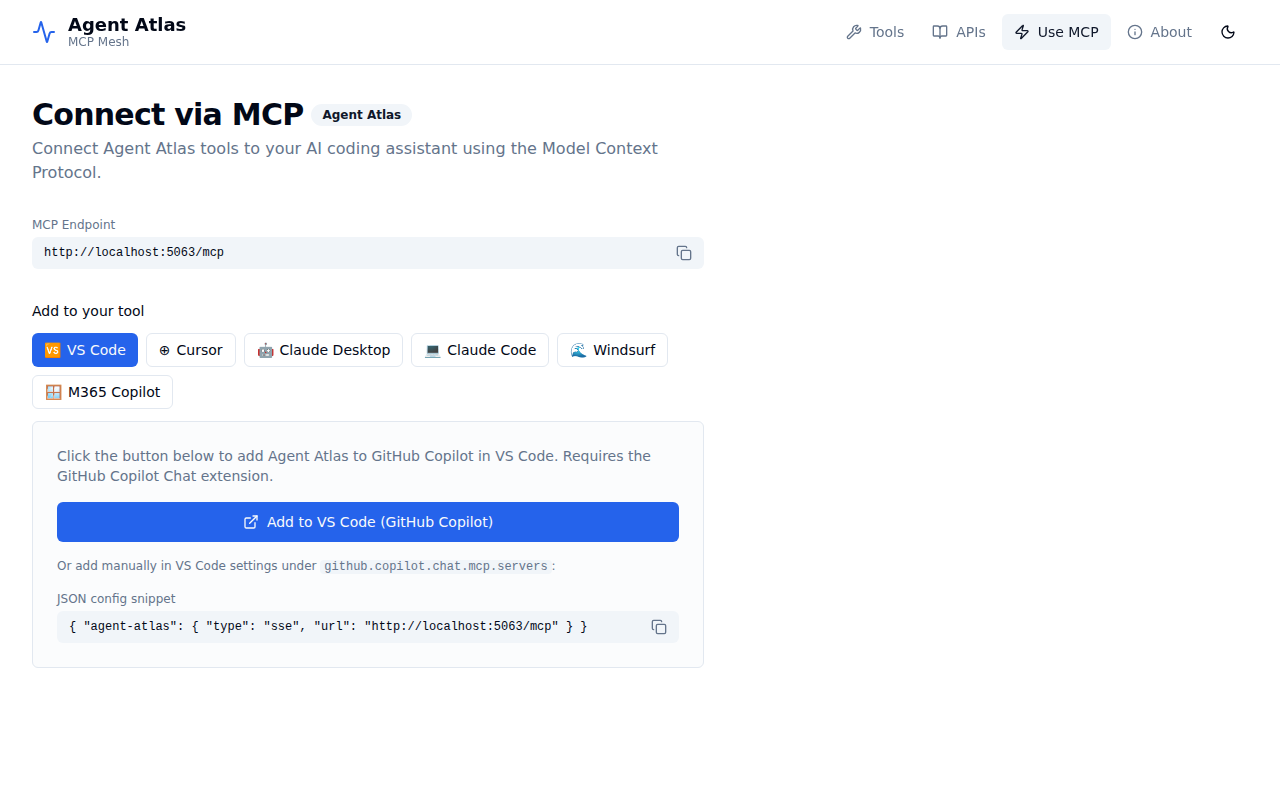 Agent Atlas — connect via MCP (light mode)