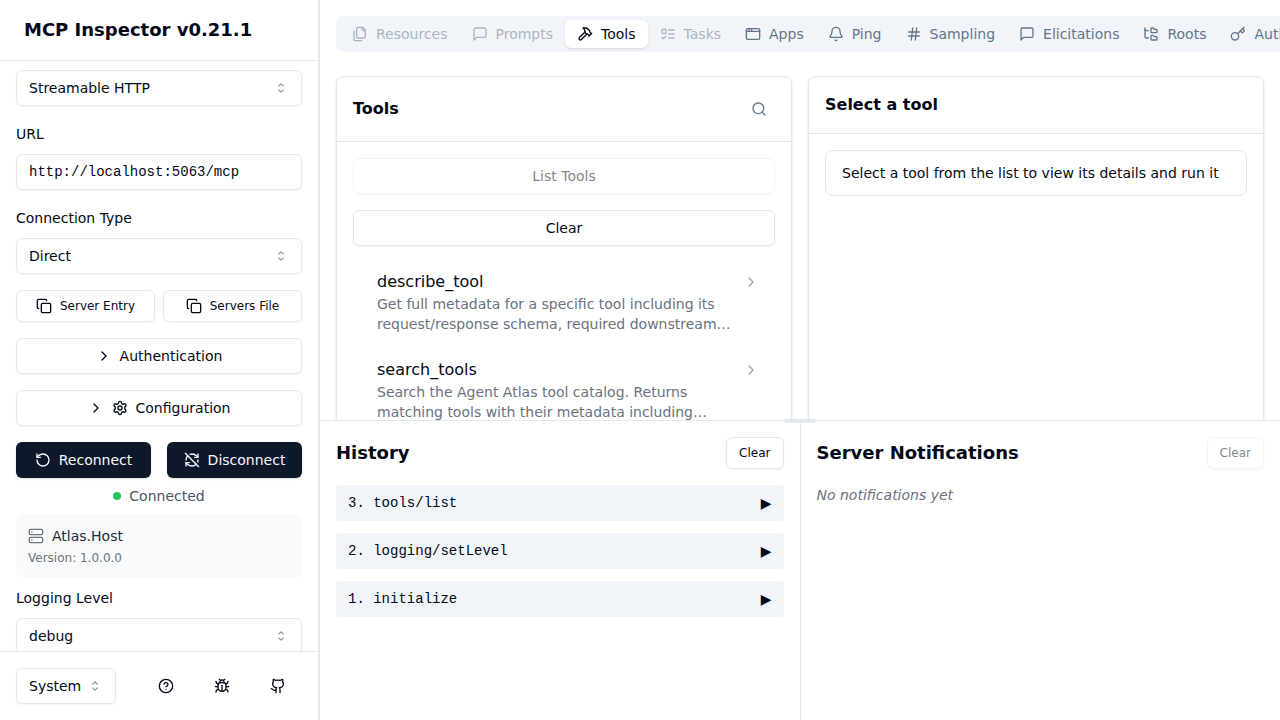 MCP Inspector — connected, tools listed