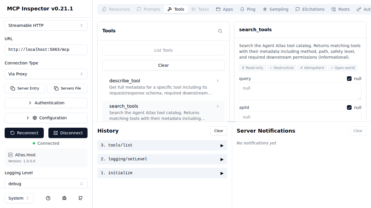 MCP Inspector — search_tools selected