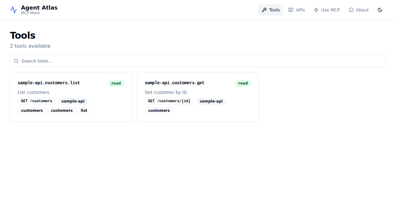 Agent Atlas — Tools tab (light mode)