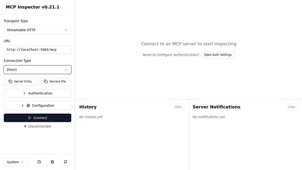 MCP Inspector — Streamable HTTP configured, Direct mode, no manual auth headers