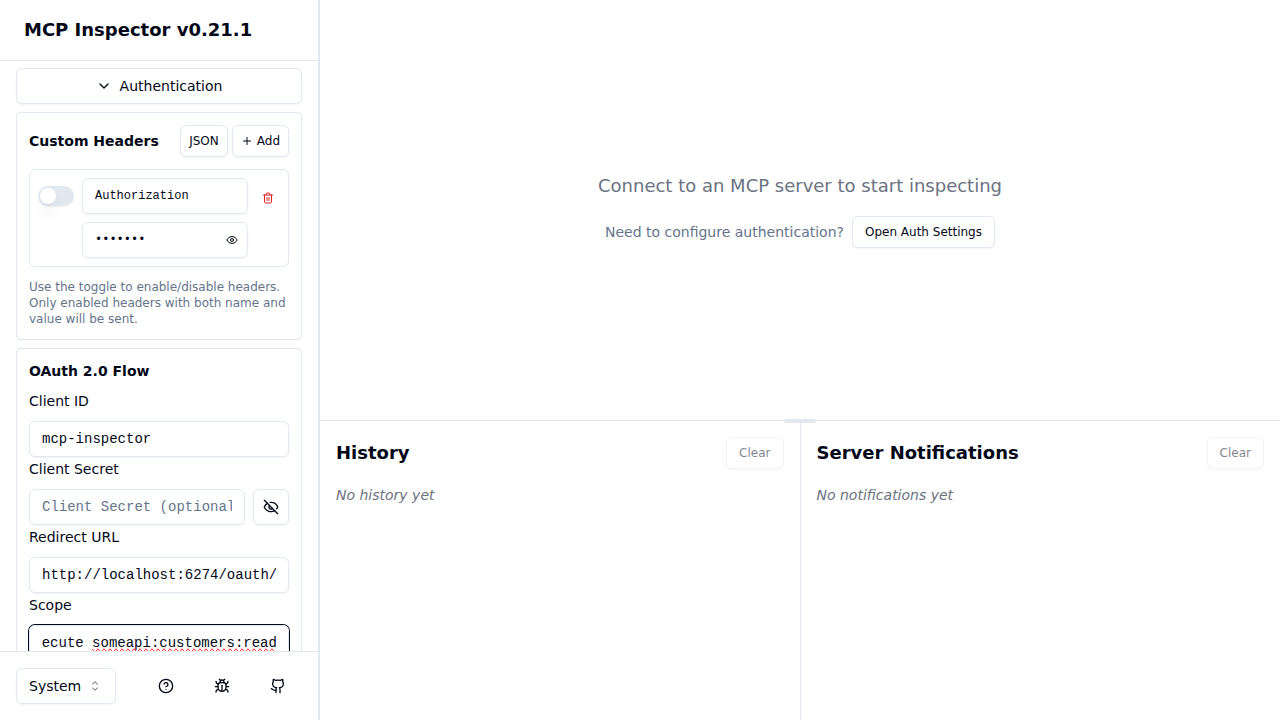 MCP Inspector Authentication panel — OAuth 2.0 Flow configured with mcp-inspector client