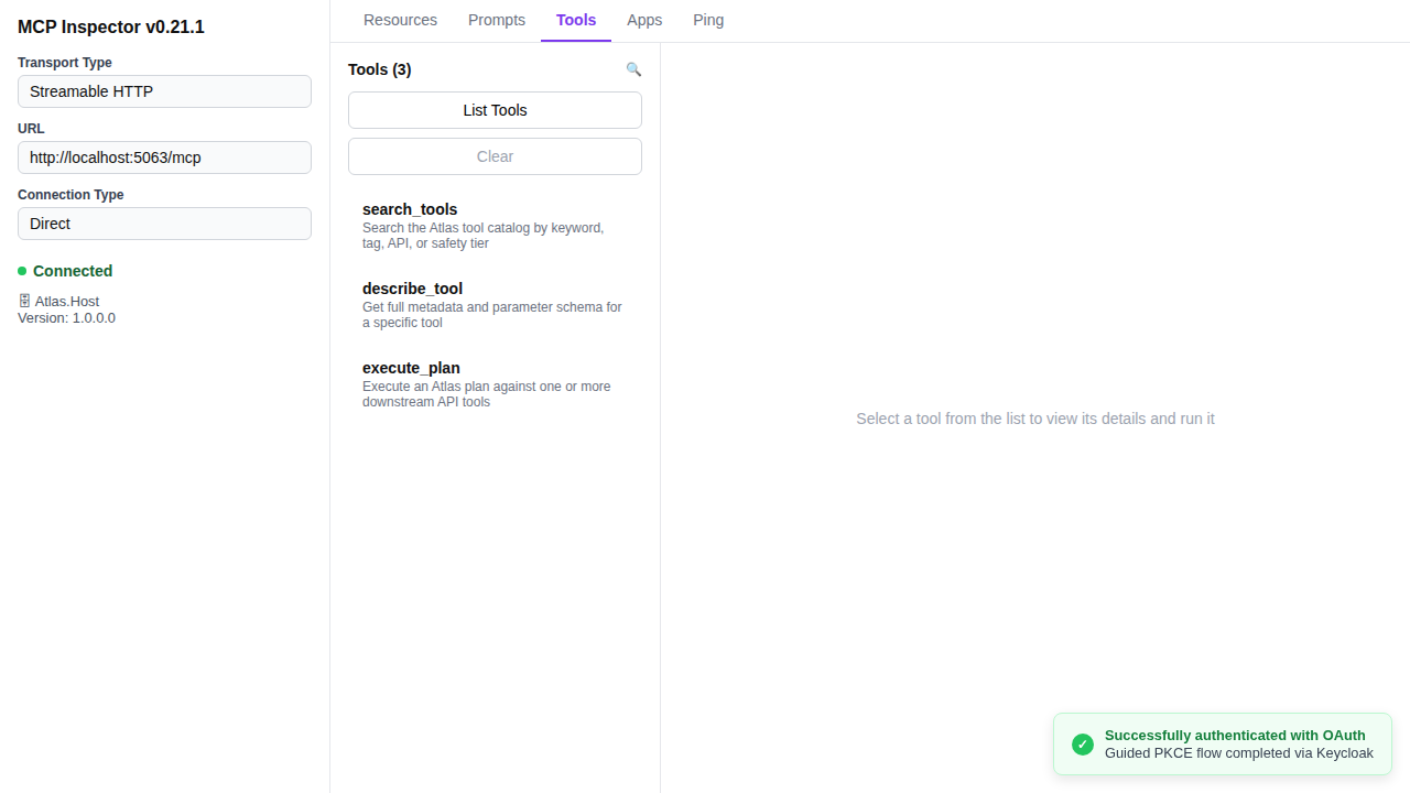 MCP Inspector — three Atlas tools listed after guided OAuth authentication
