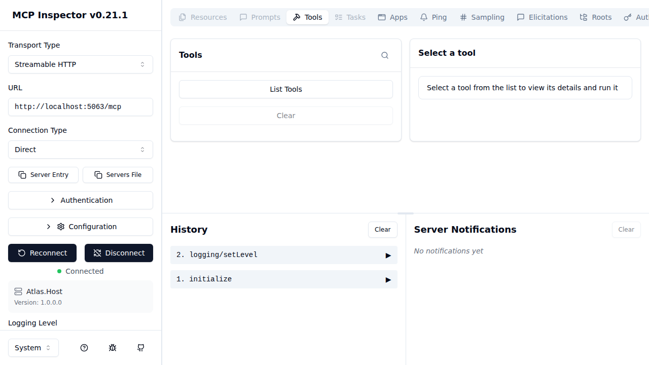 MCP Inspector — Connected after guided OAuth2 PKCE flow via Keycloak