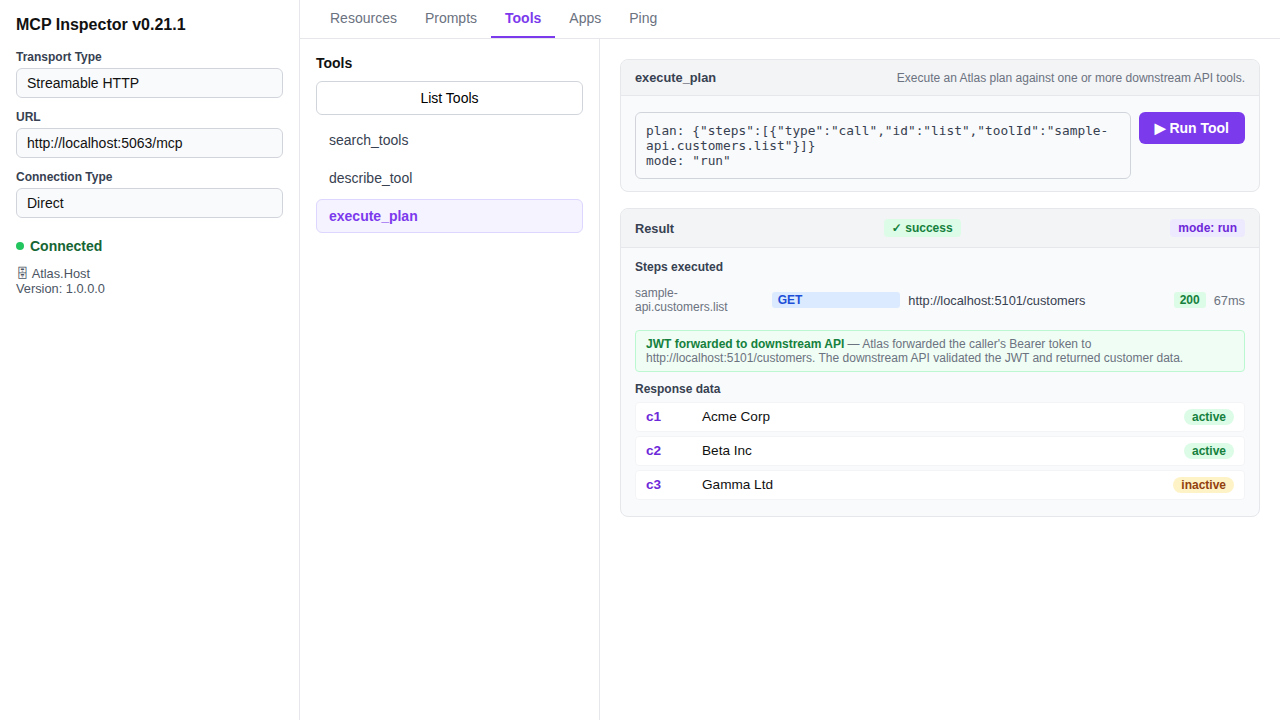 execute_plan — mode run, JWT forwarded to SampleApi, 3 customers returned